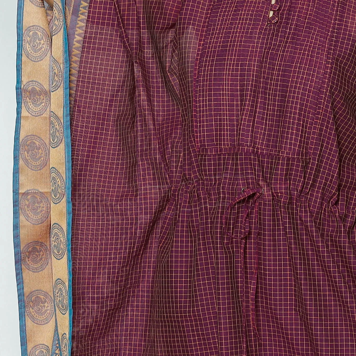 Purple - Kanchipuram Checks Cotton Kaftan with Tie-Up Waist (Medium)