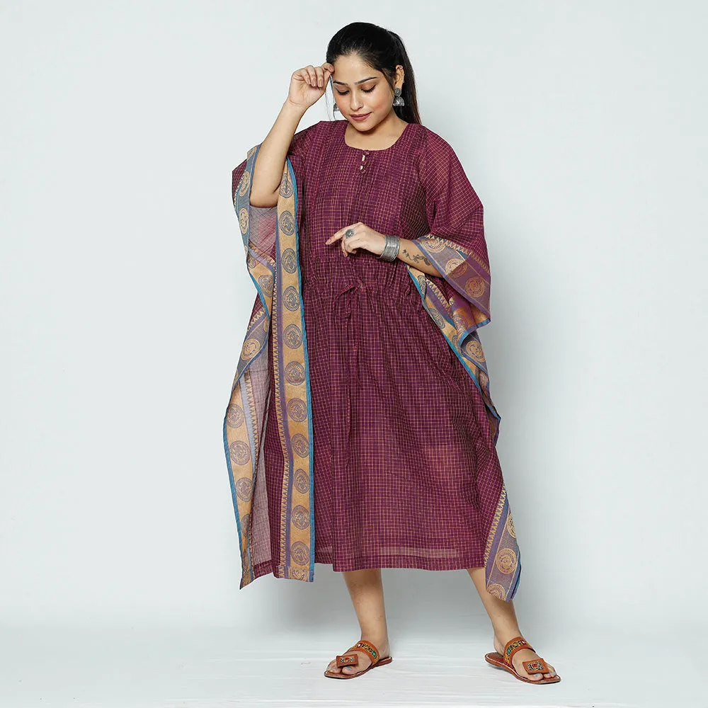 Purple - Kanchipuram Checks Cotton Kaftan with Tie-Up Waist (Medium)