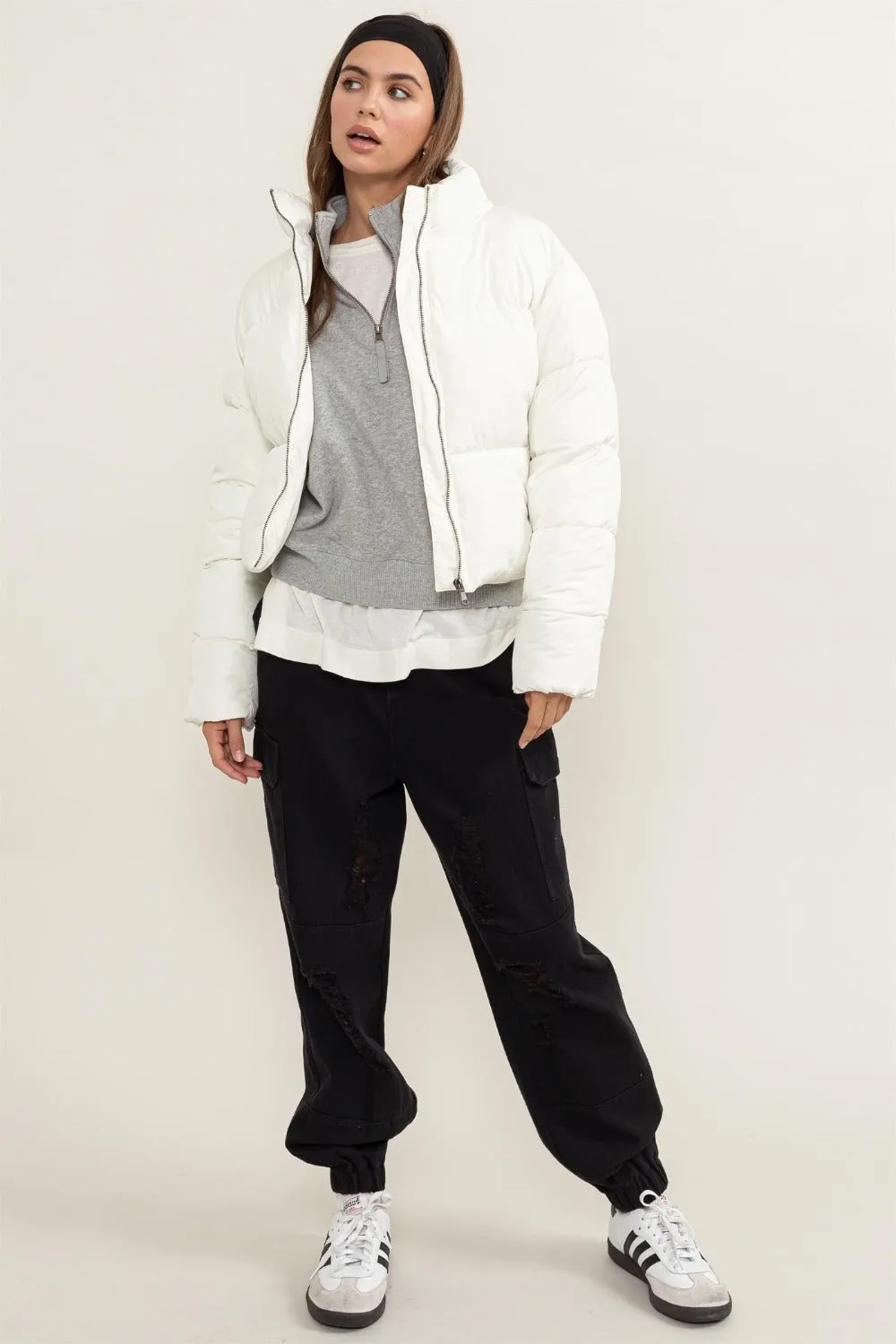 Quilted Back Drawstring Puffer Jacket