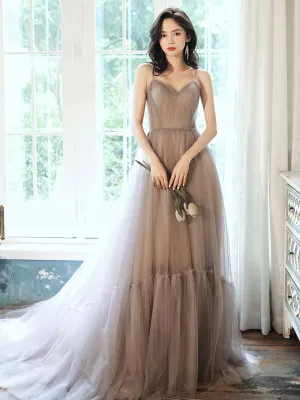 Simple Gray V Neck Tulle Long Prom Dress Gray Formal Dress