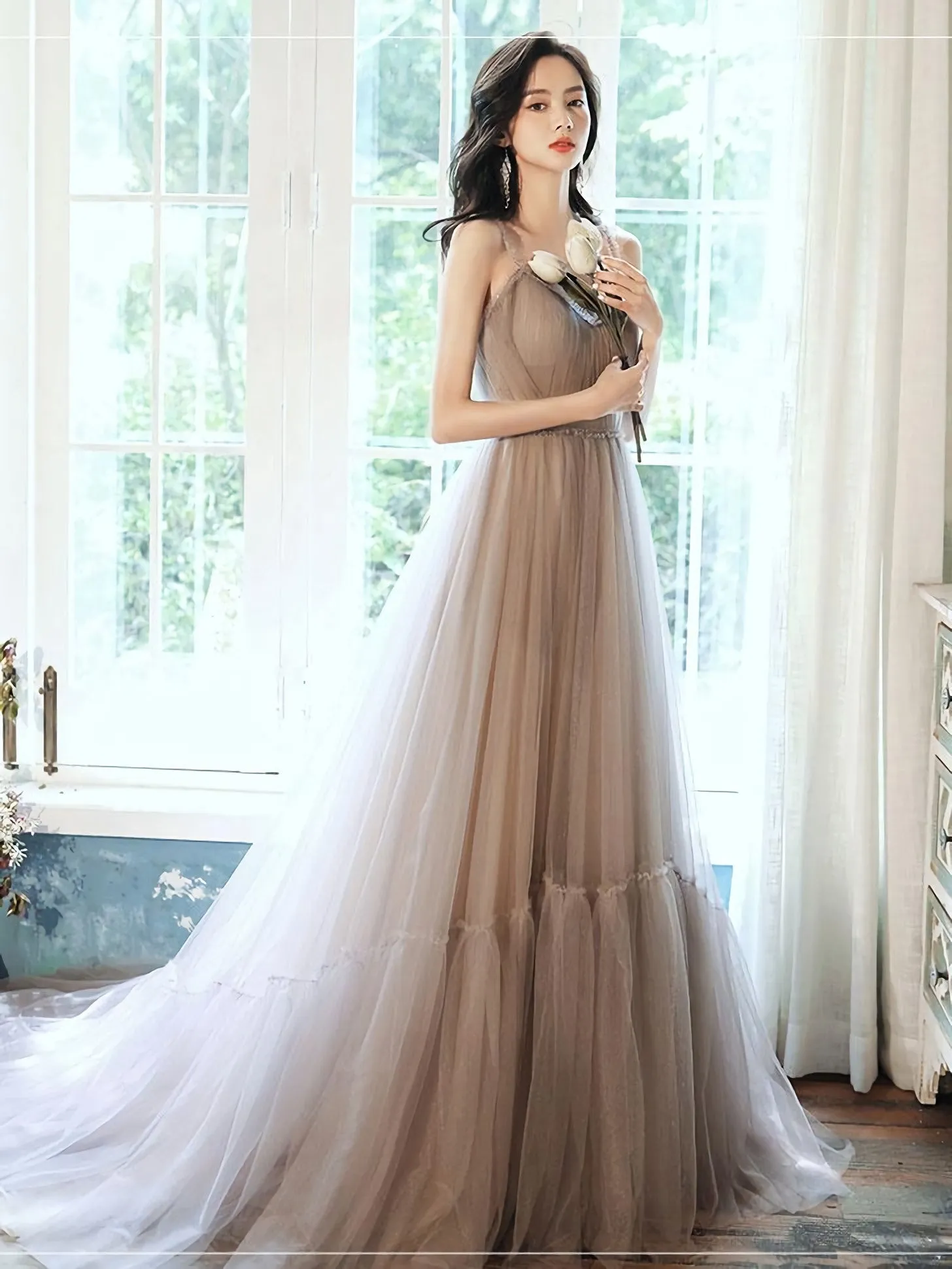 Simple Gray V Neck Tulle Long Prom Dress Gray Formal Dress