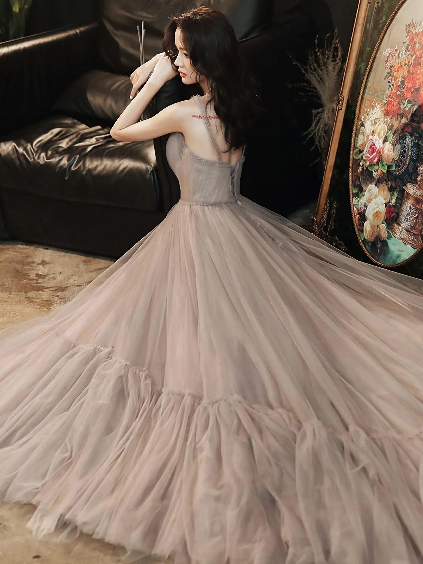 Simple Gray V Neck Tulle Long Prom Dress Gray Formal Dress