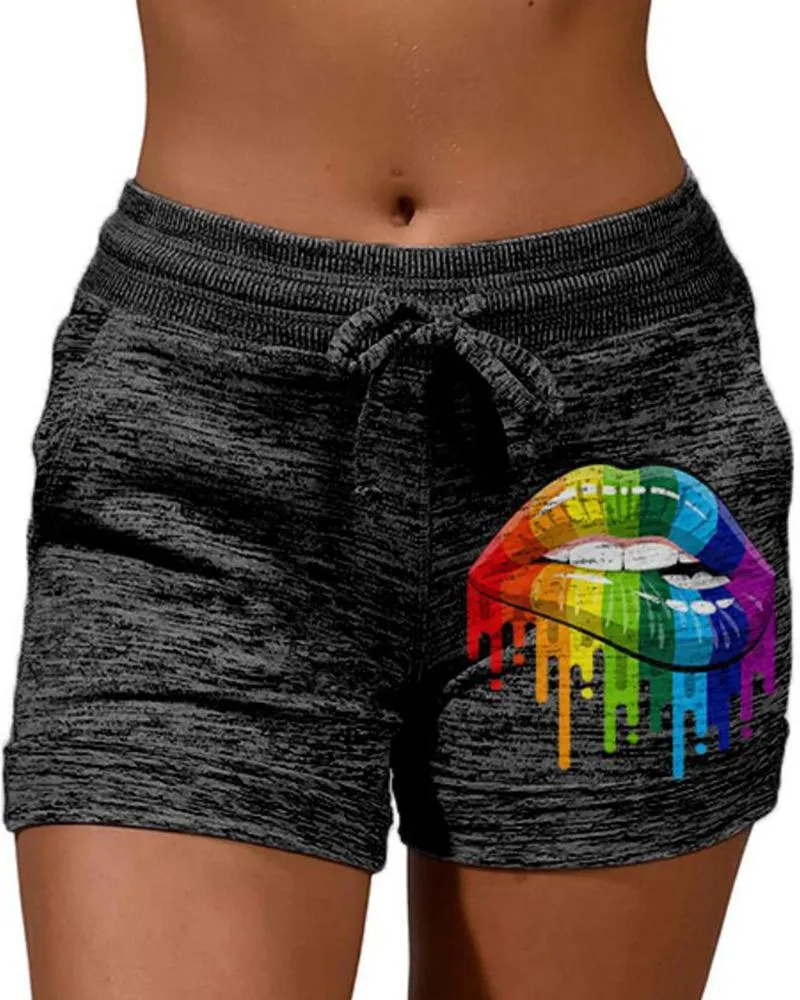 Solid Color Splicing Multicolor Lip Print Drawstring Short Pants