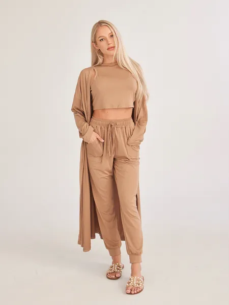 TEEK - Cropped Tank Top Pants Cardigan 3-Piece Set