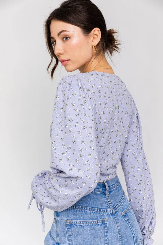 TEEK - Light Blue-White Ditsy Puff Sleeve Lace-Up V-Neck Top