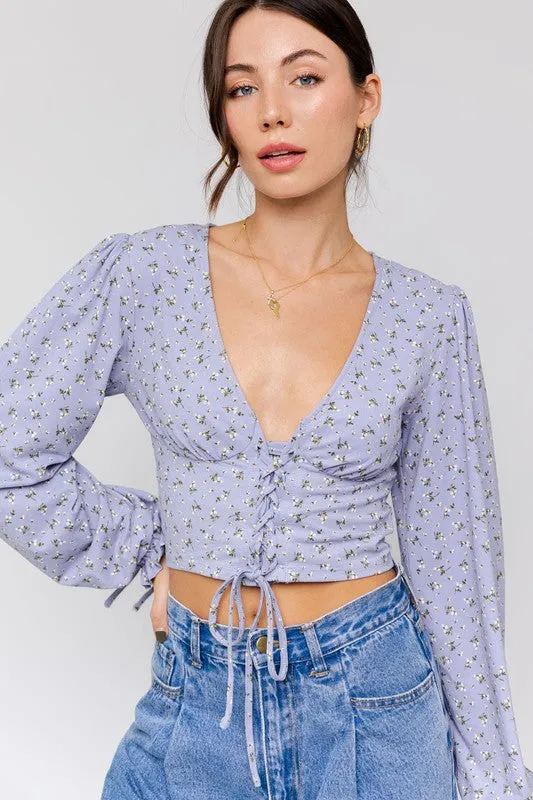 TEEK - Light Blue-White Ditsy Puff Sleeve Lace-Up V-Neck Top