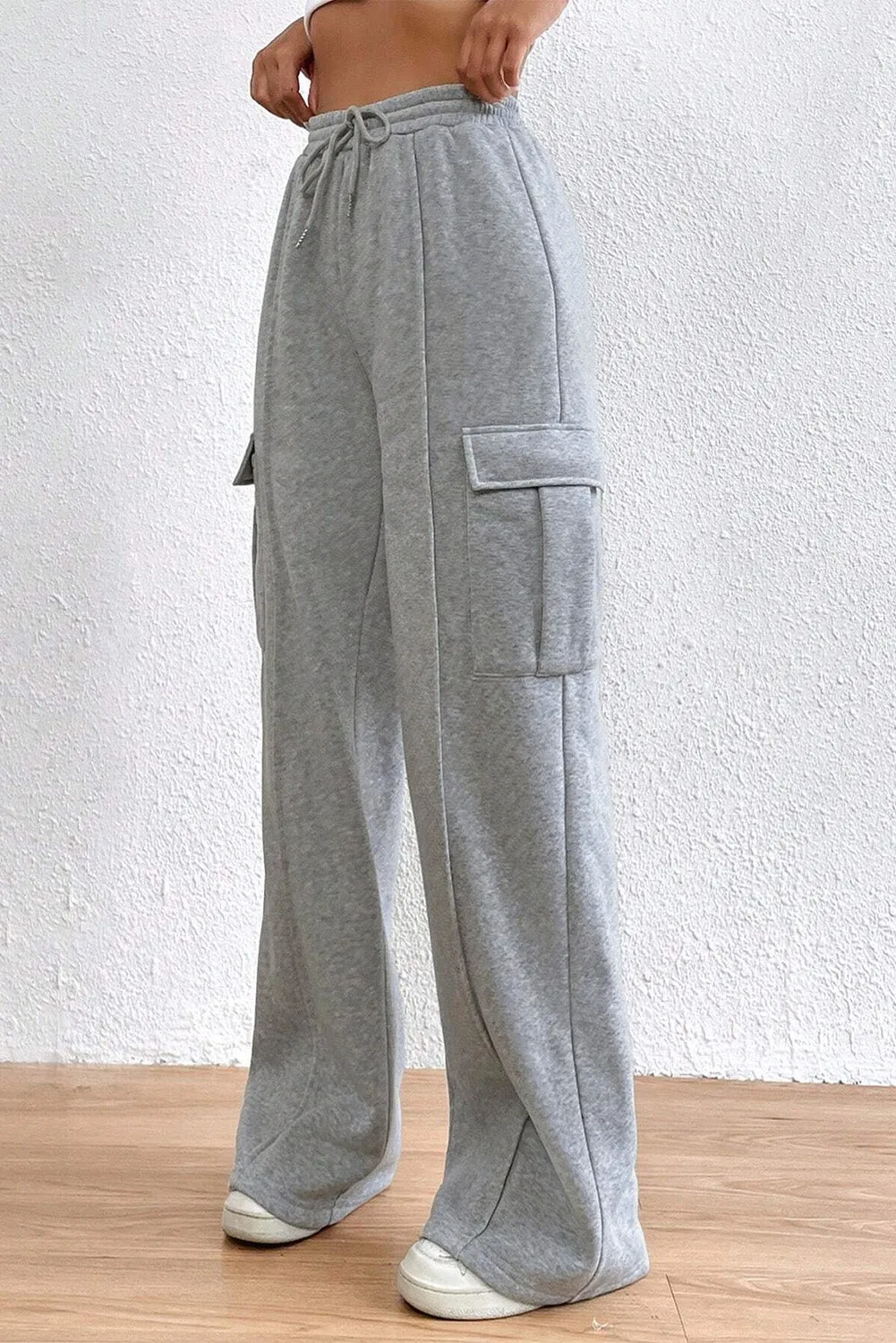 TEEK - Light Gray Drawstring High Waist Pocketed Pants