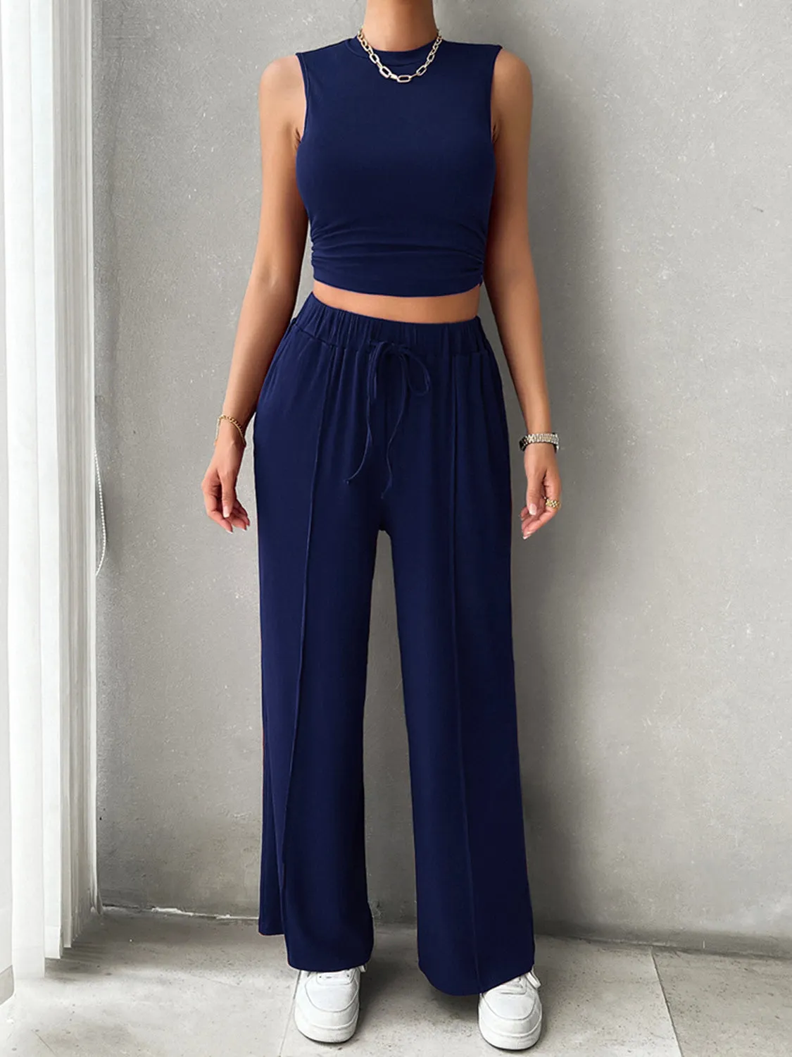 TEEK - Mock Neck Sleeveless Top Drawstring Pants Set