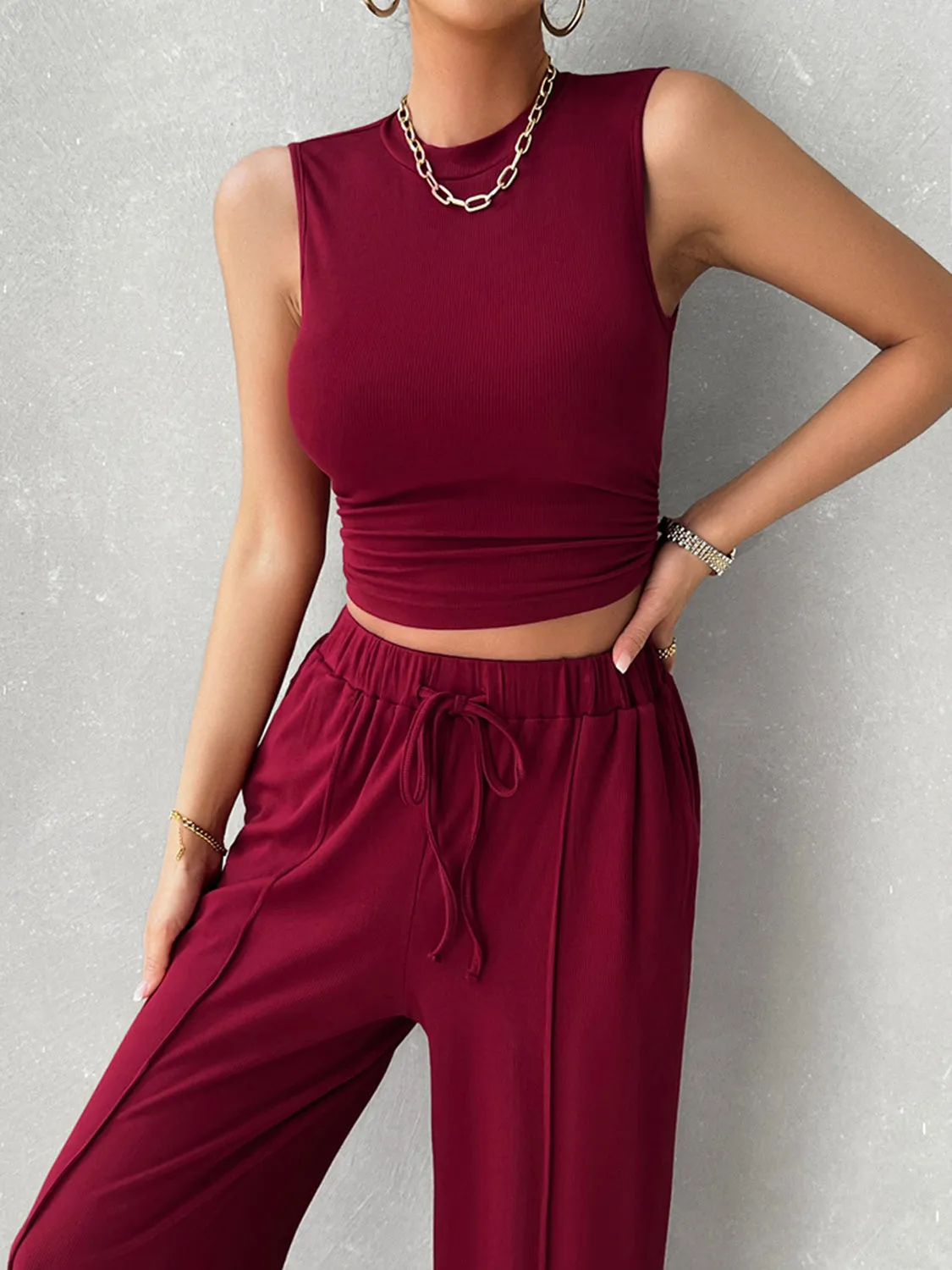 TEEK - Mock Neck Sleeveless Top Drawstring Pants Set