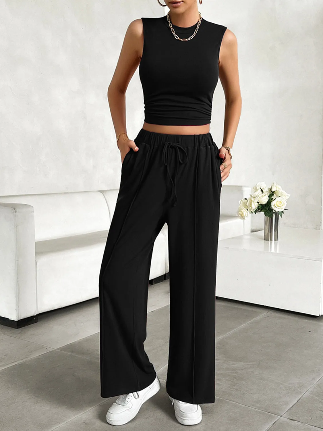 TEEK - Mock Neck Sleeveless Top Drawstring Pants Set