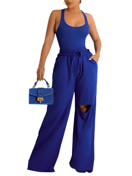 TEEK - Scoop Neck Racerback Bodysuit and Wide Leg Pant Set