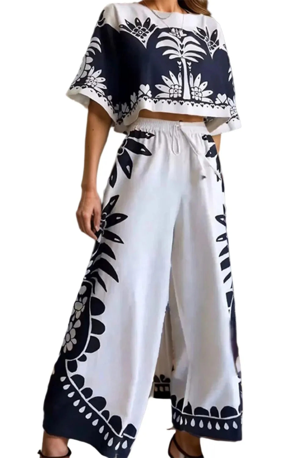 TEEK - White Printed Half Sleeve Top Wide Leg Pants Set