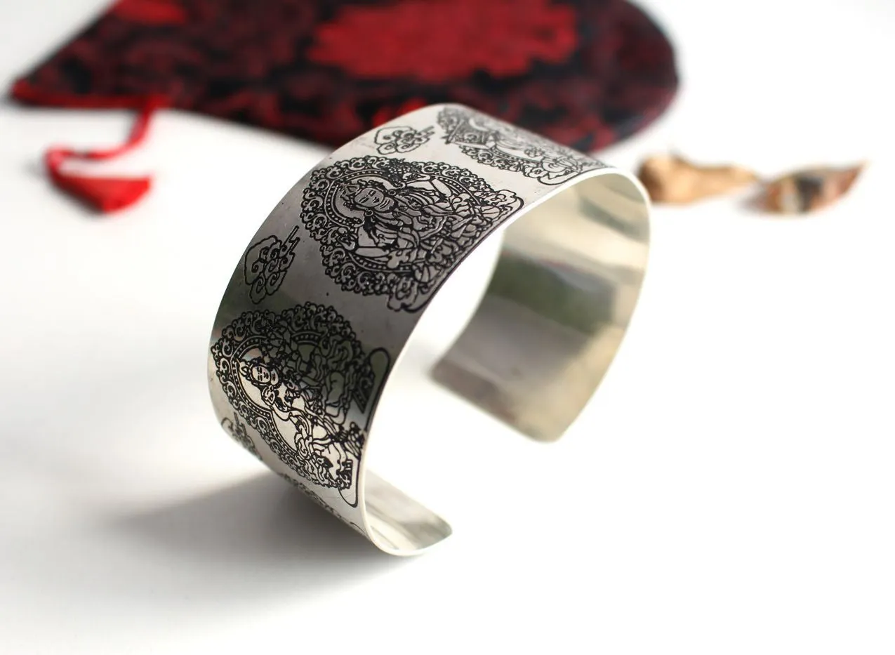 Tibetan Tara Carved White Metal Bangle