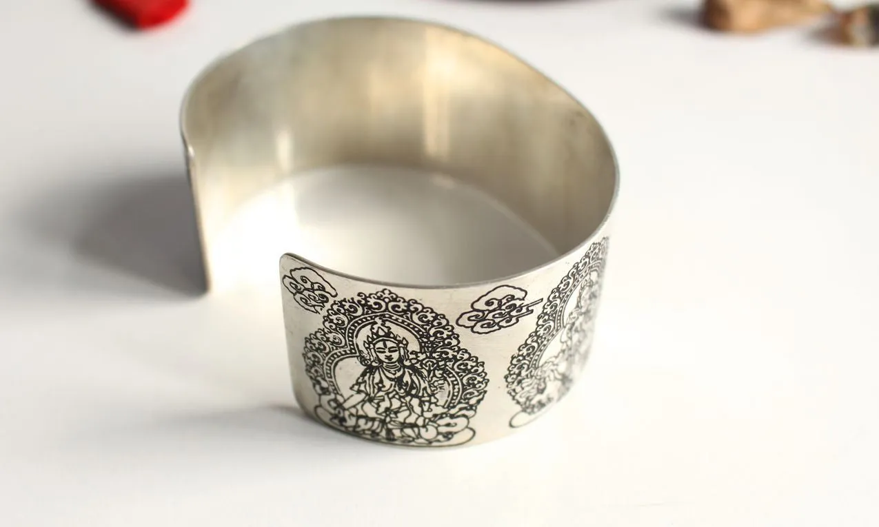 Tibetan Tara Carved White Metal Bangle