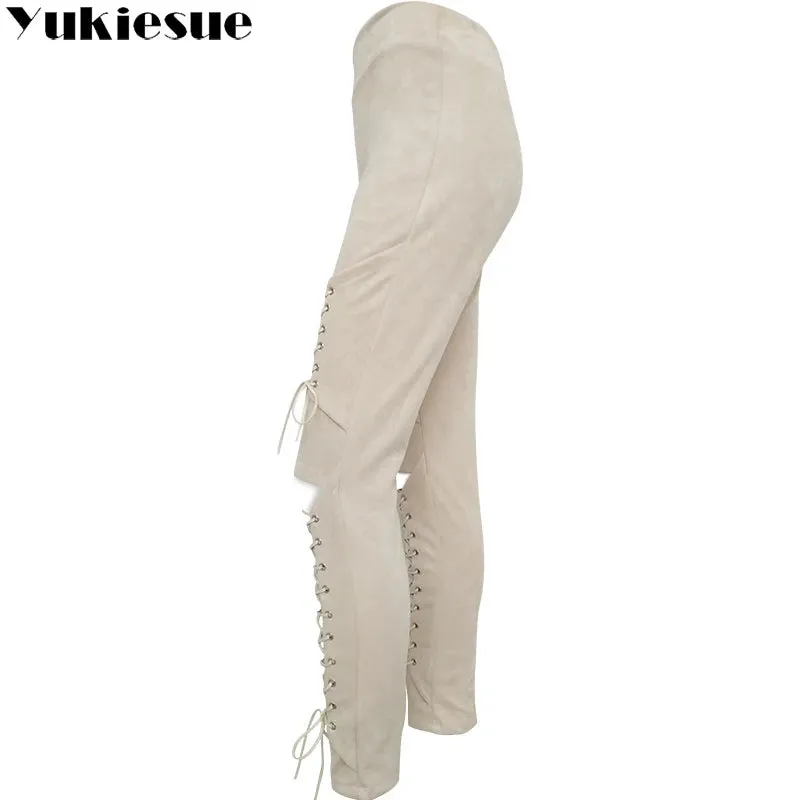 Trendy Laced Faux Suede High Waist Pants