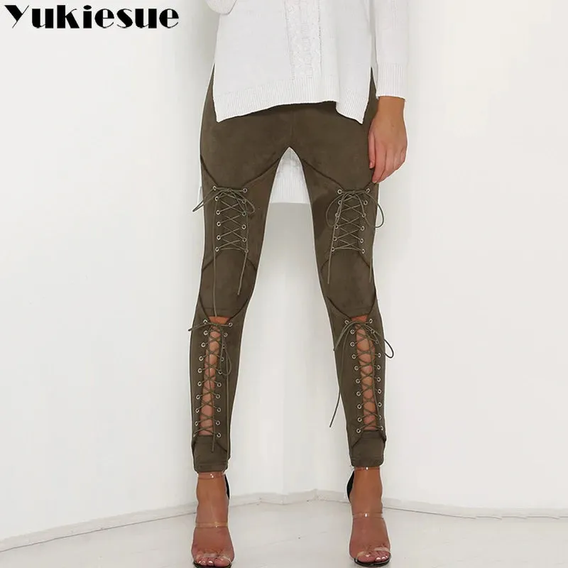 Trendy Laced Faux Suede High Waist Pants