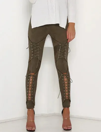 Trendy Laced Faux Suede High Waist Pants