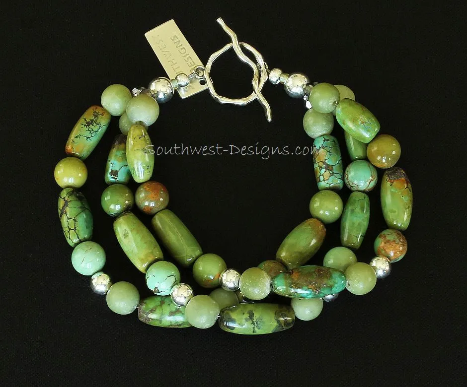 Turquoise Barrel & Round Bead 3-Srand Bracelet with Jade Rounds, Fire Polished Glass, and Sterling Silver Beads and Toggle Clasp