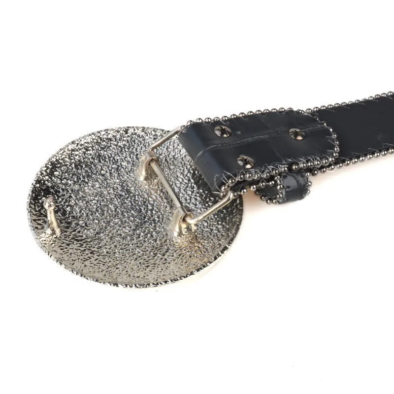 Unisex Large Round Bling Rhinstone Buckle Leather Belt