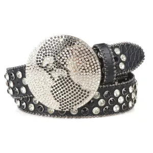 Unisex Large Round Bling Rhinstone Buckle Leather Belt