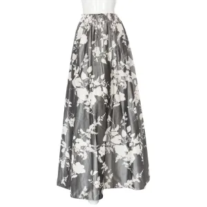 Vintage Gray and White Floral Print Maxi Skirt