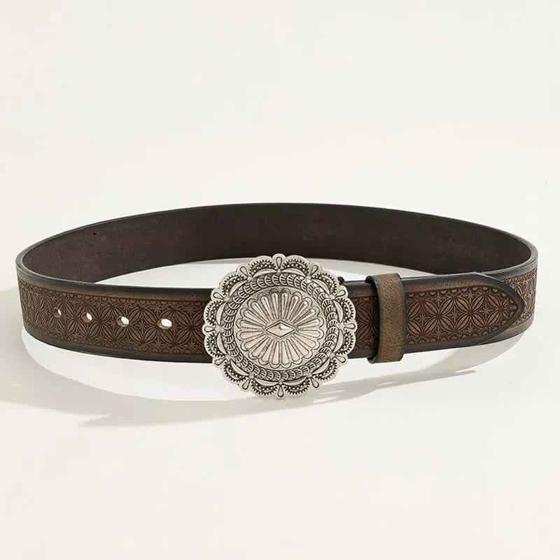 Western Carving Concho Buckle Embossed Leather Belt