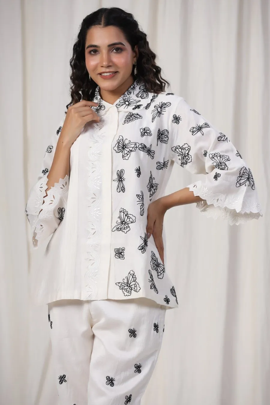 White Butterfly Embroidered Lotus Silk Co-ord Set