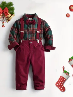 Winter Collection Boys Christmas Check Shirt Set with Bib Pants