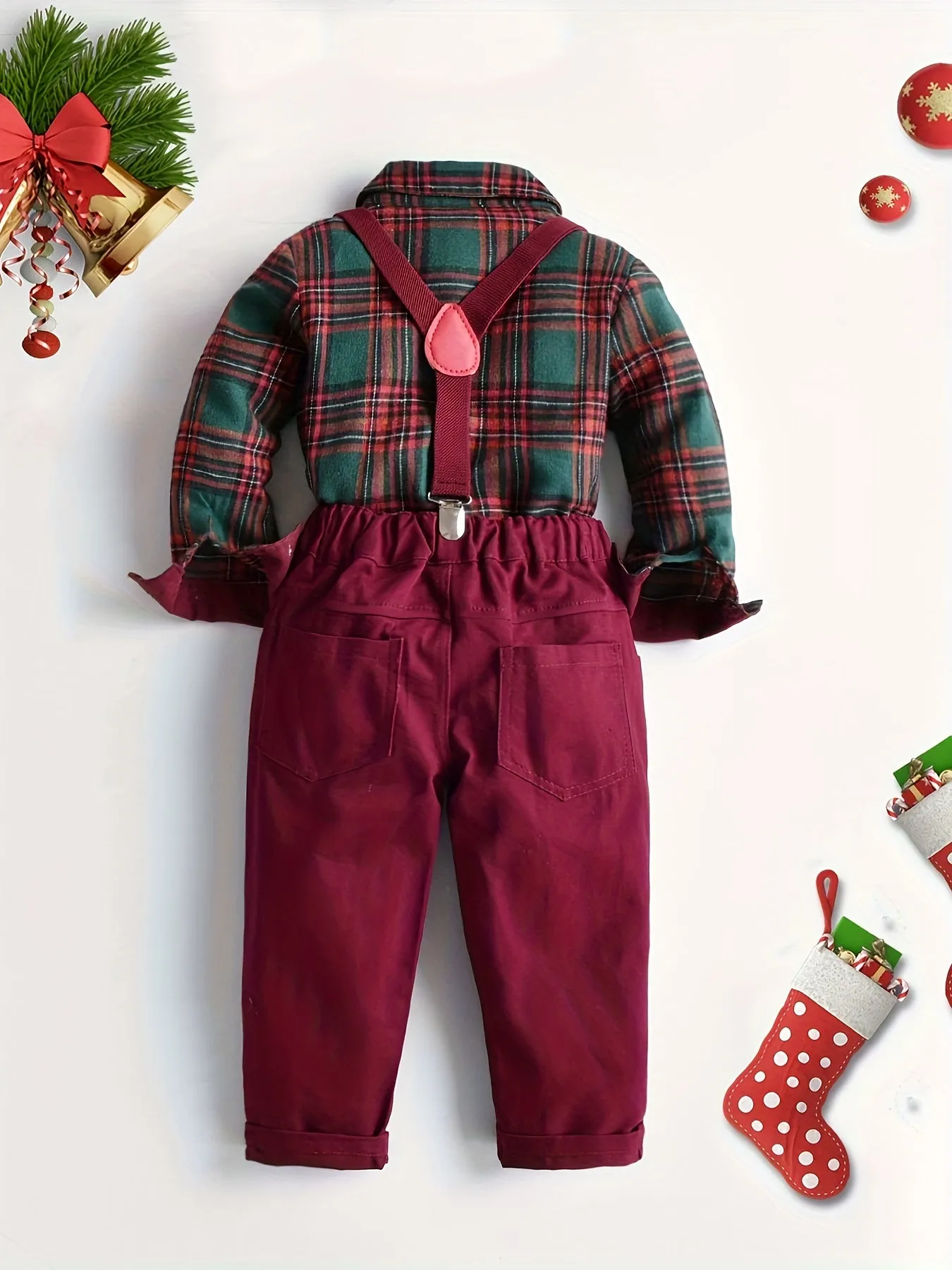 Winter Collection Boys Christmas Check Shirt Set with Bib Pants