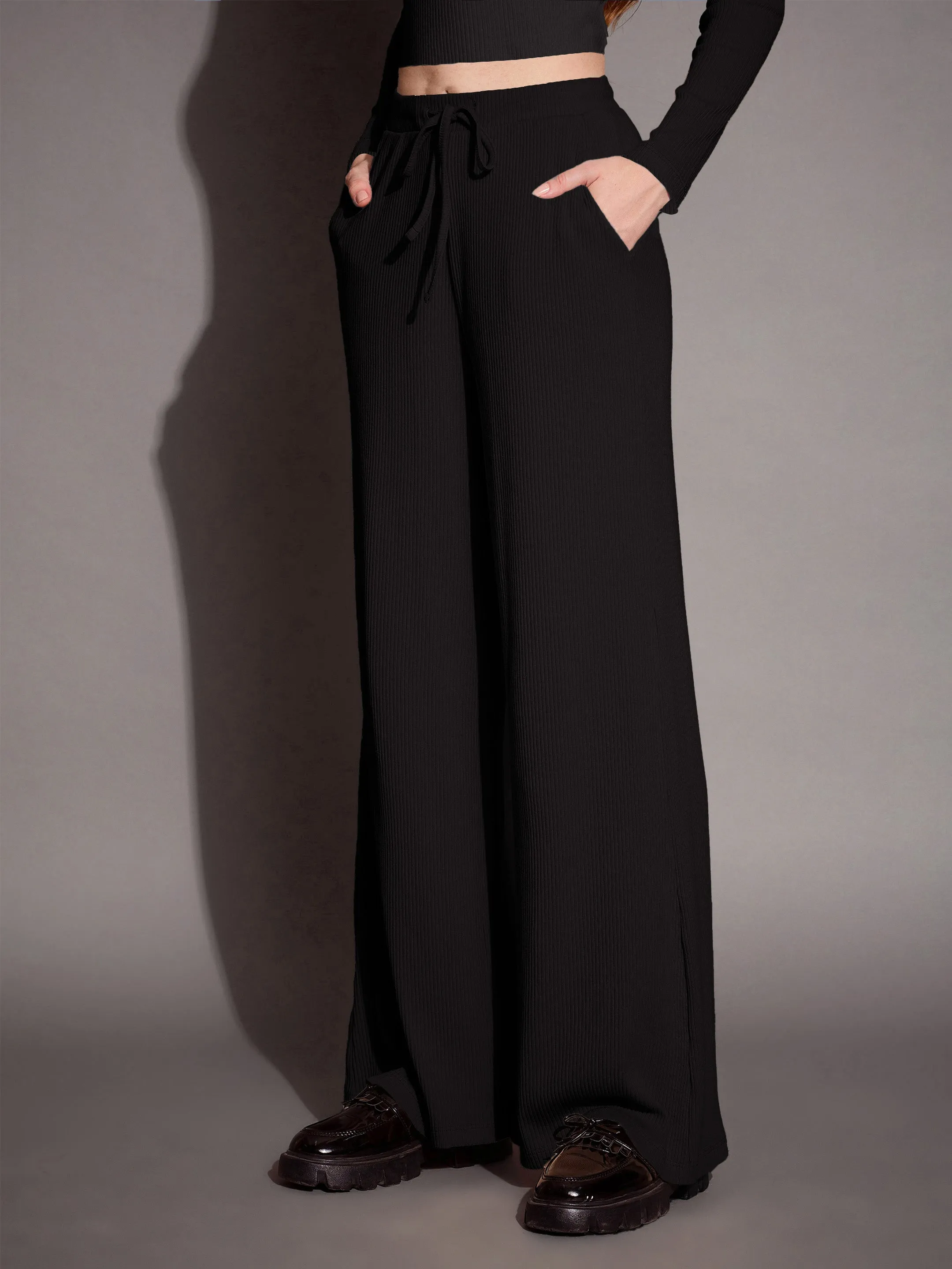 Women Black Rib Drawstring Pants