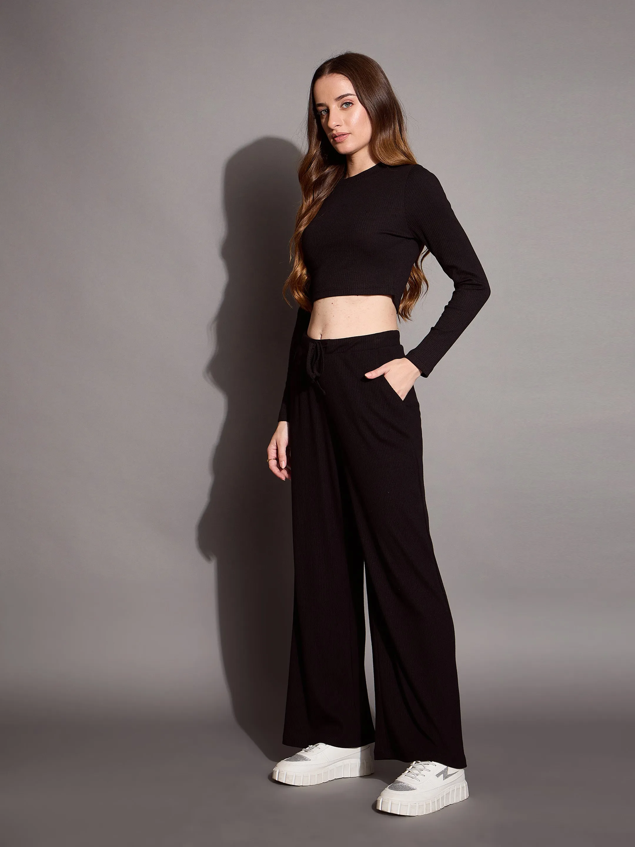 Women Black Rib Full Sleeve Crop Top With Drawstring Pants