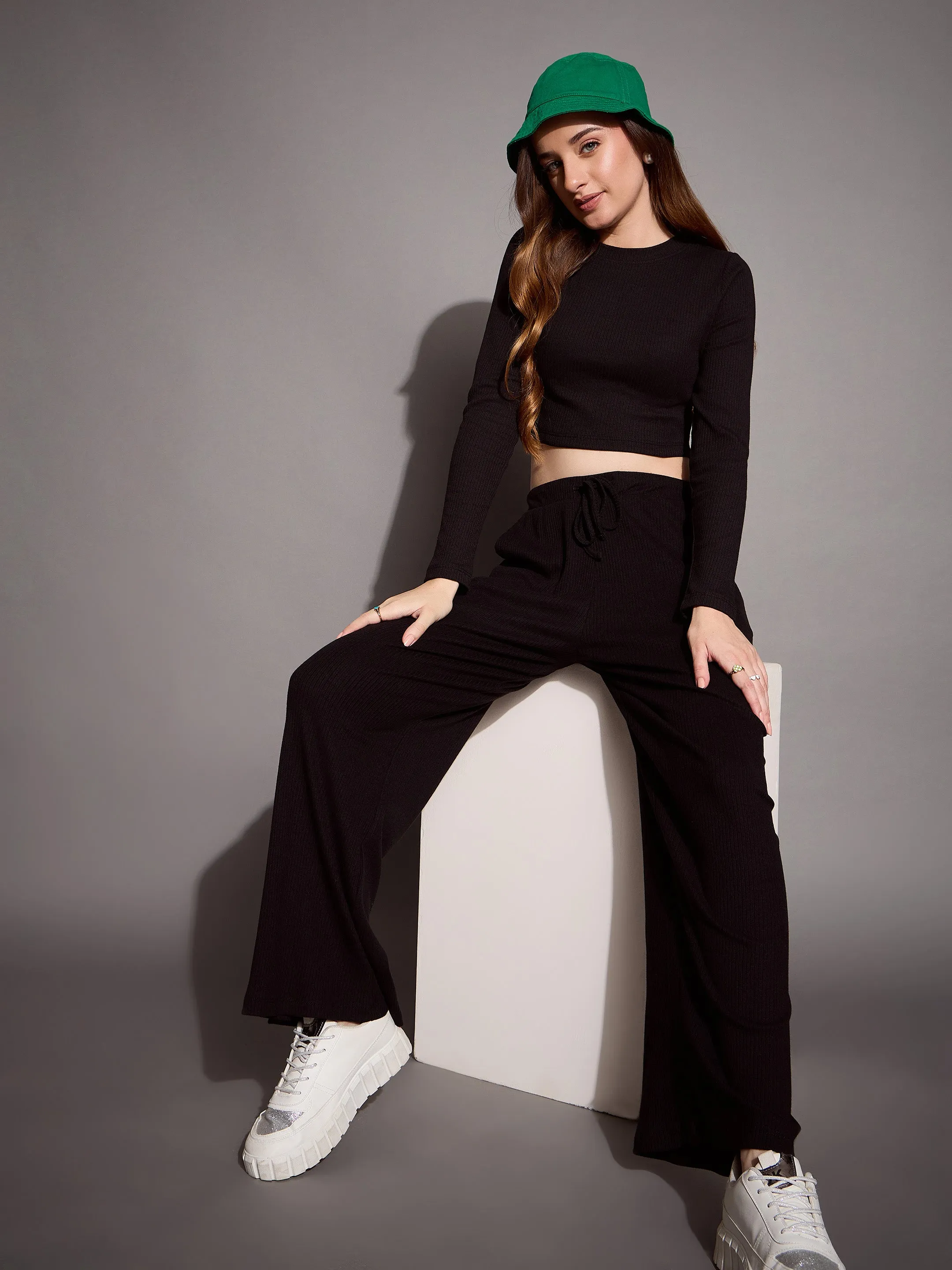 Women Black Rib Full Sleeve Crop Top With Drawstring Pants