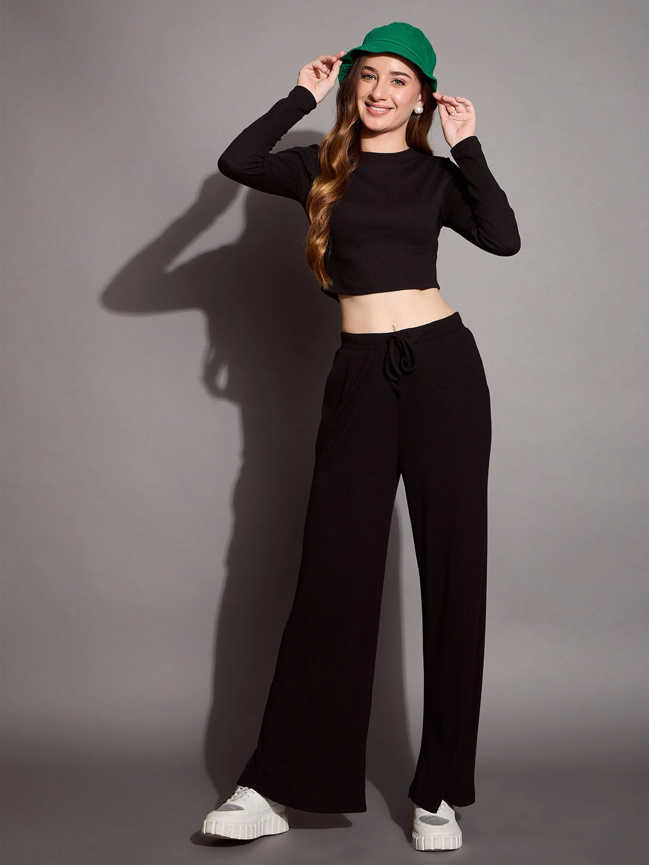 Women Black Rib Full Sleeve Crop Top With Drawstring Pants