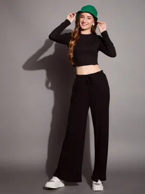 Women Black Rib Full Sleeve Crop Top With Drawstring Pants