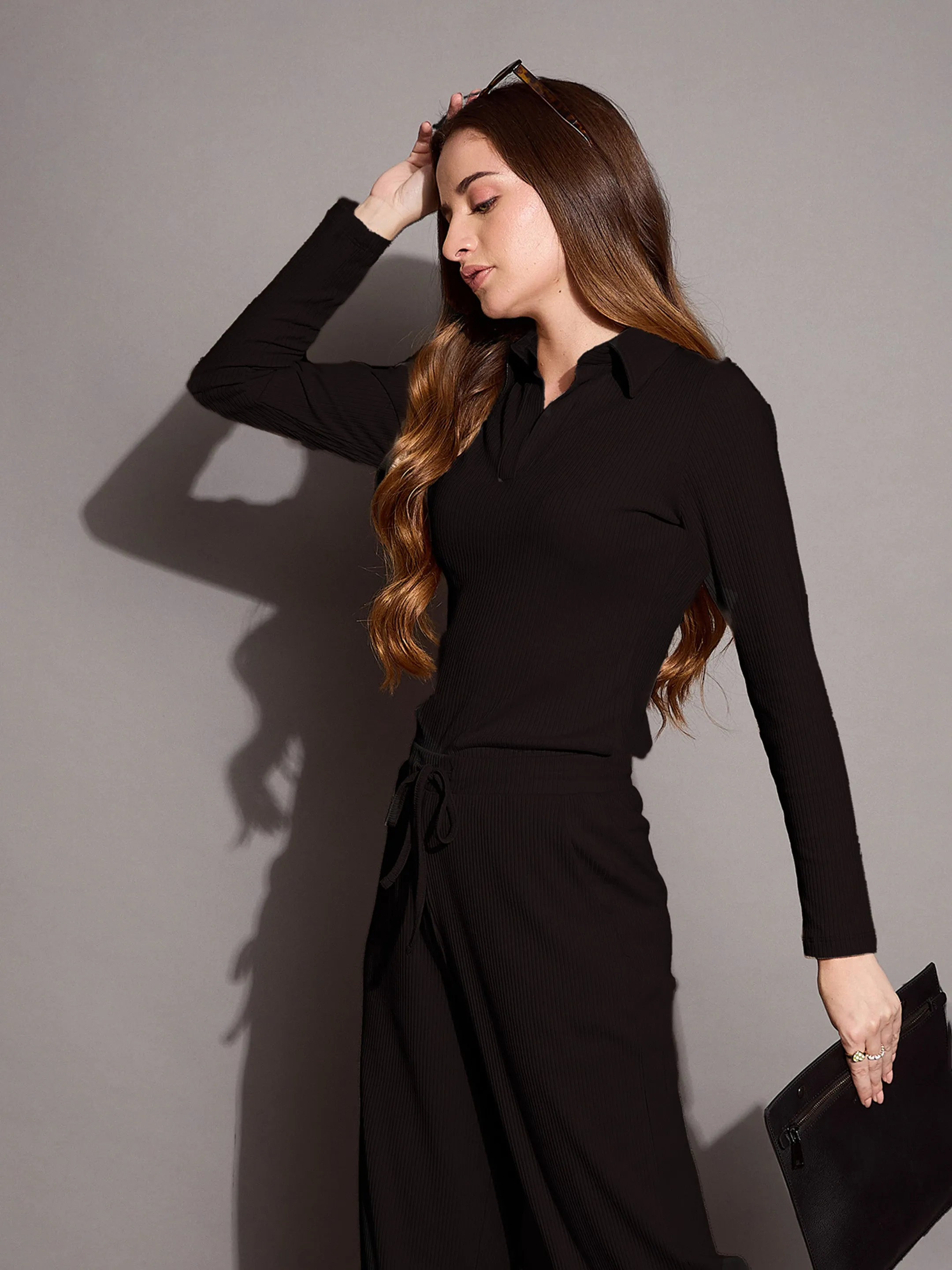 Women Black Rib Polo Neck Top Drawstring Pants