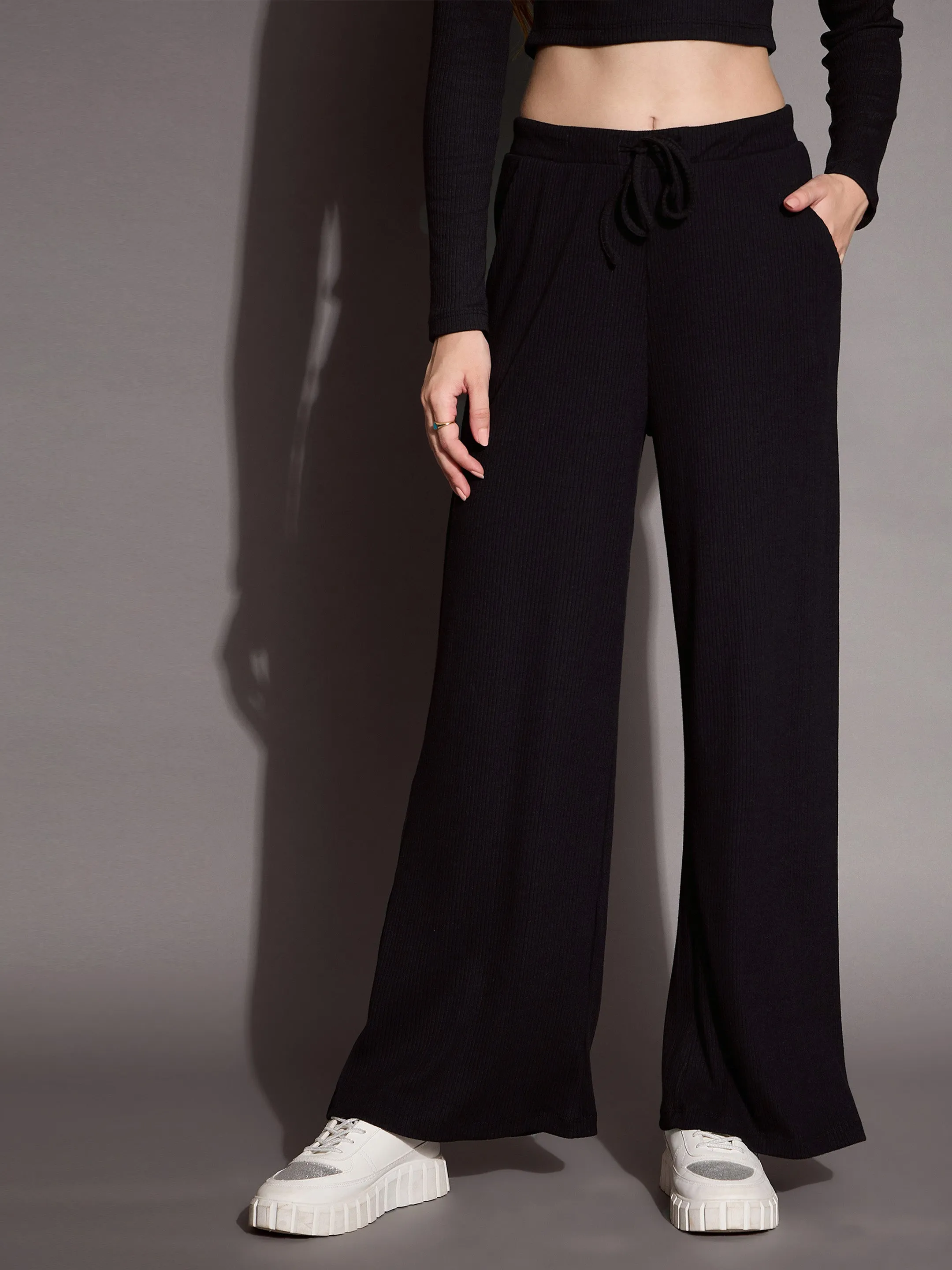 Women Black Rib Polo Neck Top Drawstring Pants