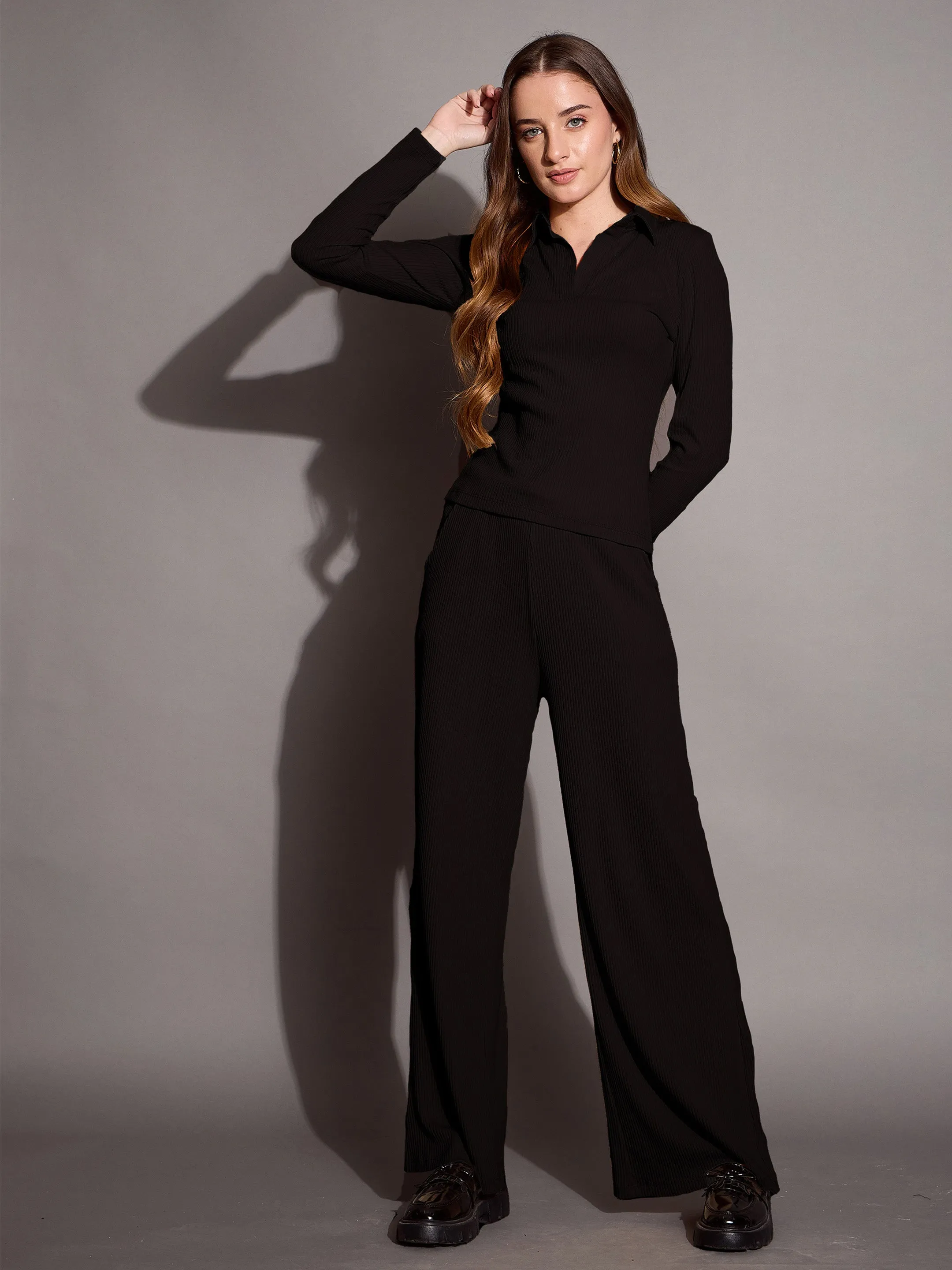 Women Black Rib Polo Neck Top Drawstring Pants