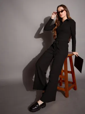 Women Black Rib Polo Neck Top Drawstring Pants