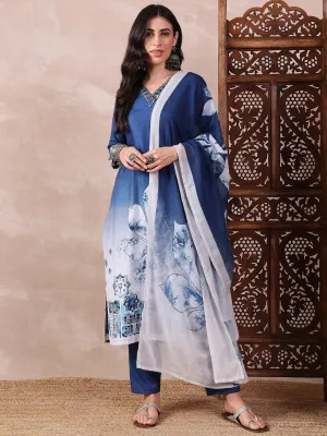 Women Blue Silk Blend Abstract Printed Straight Kurta Trouser With Dupatta