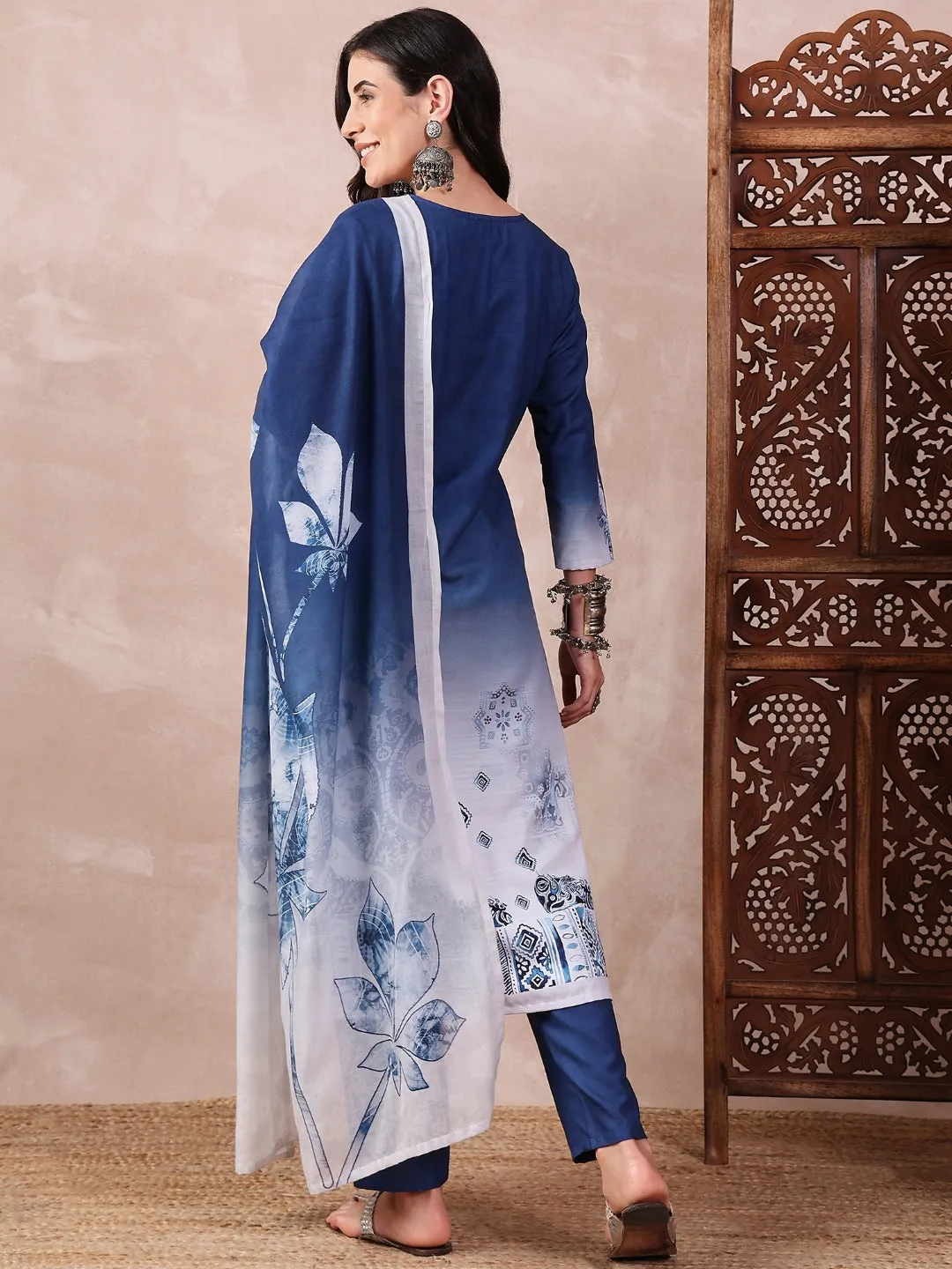 Women Blue Silk Blend Abstract Printed Straight Kurta Trouser With Dupatta