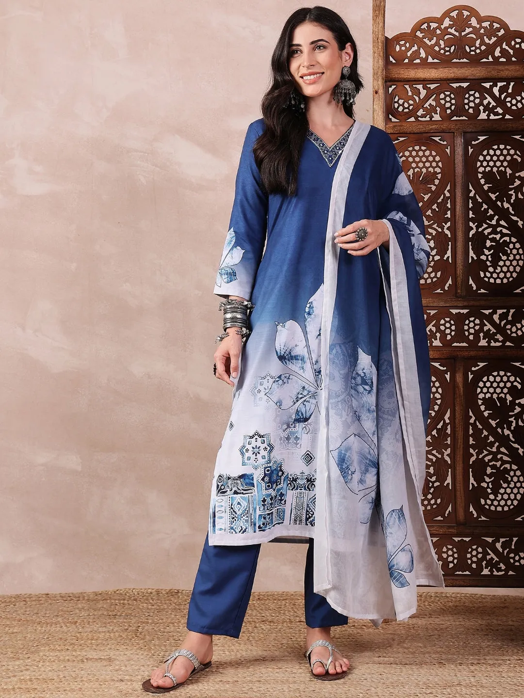 Women Blue Silk Blend Abstract Printed Straight Kurta Trouser With Dupatta