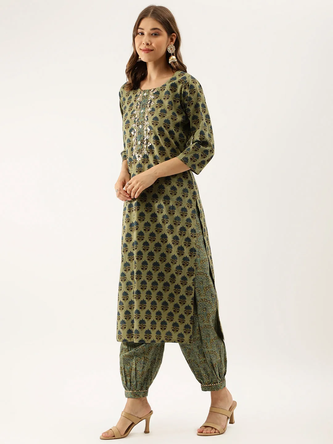 Women Green Floral Print Cotton Embroidered Kurta set with Dupatta