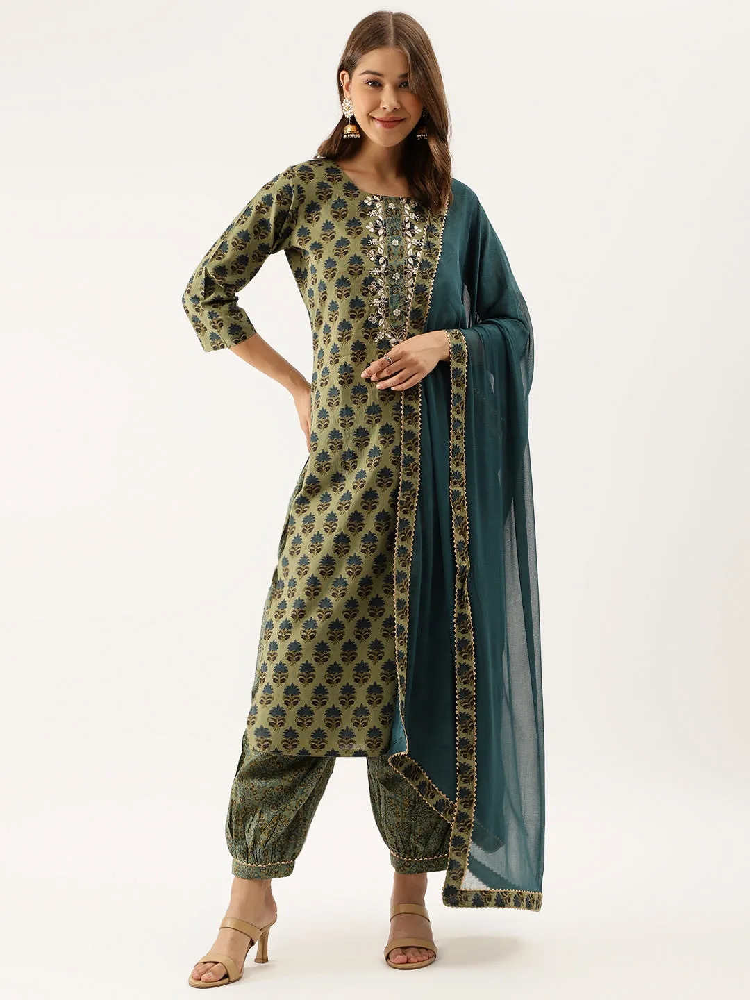 Women Green Floral Print Cotton Embroidered Kurta set with Dupatta