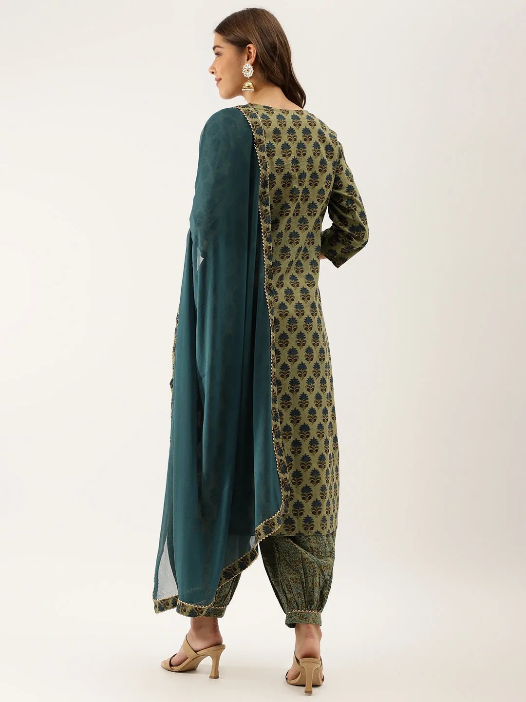 Women Green Floral Print Cotton Embroidered Kurta set with Dupatta