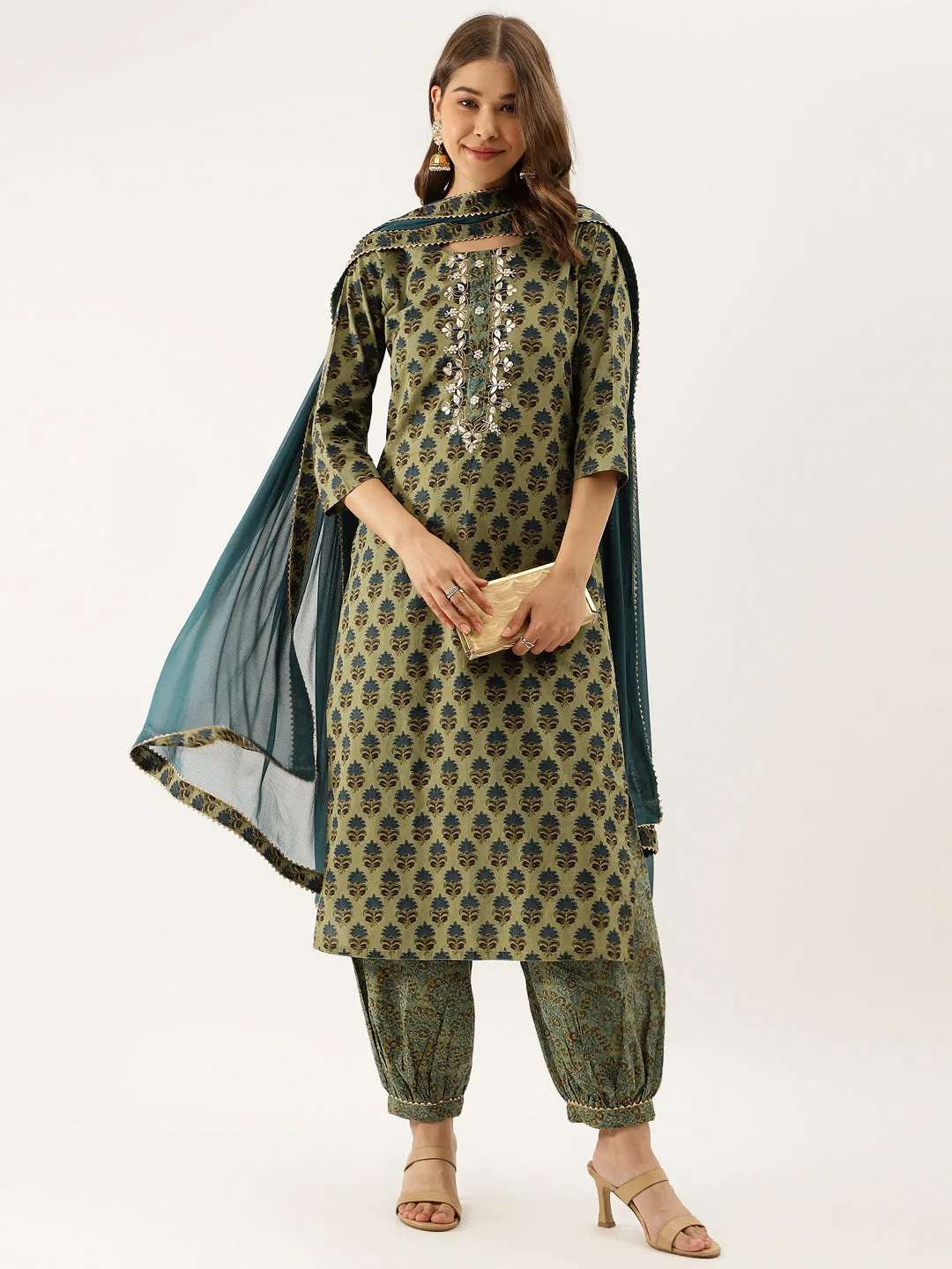 Women Green Floral Print Cotton Embroidered Kurta set with Dupatta