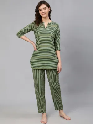 Women Green Striped Night Suit