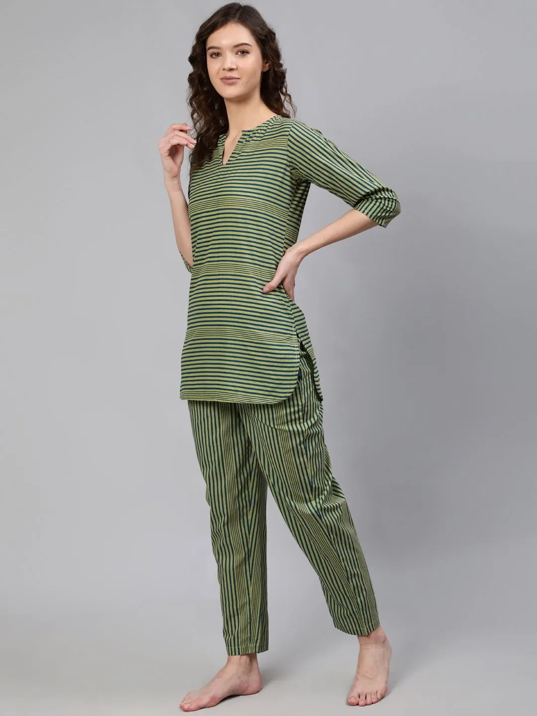 Women Green Striped Night Suit