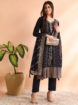 Women Navy Blue Chanderi Cotton Solid Woven Design Straight Kurta Trouser With Dupatta