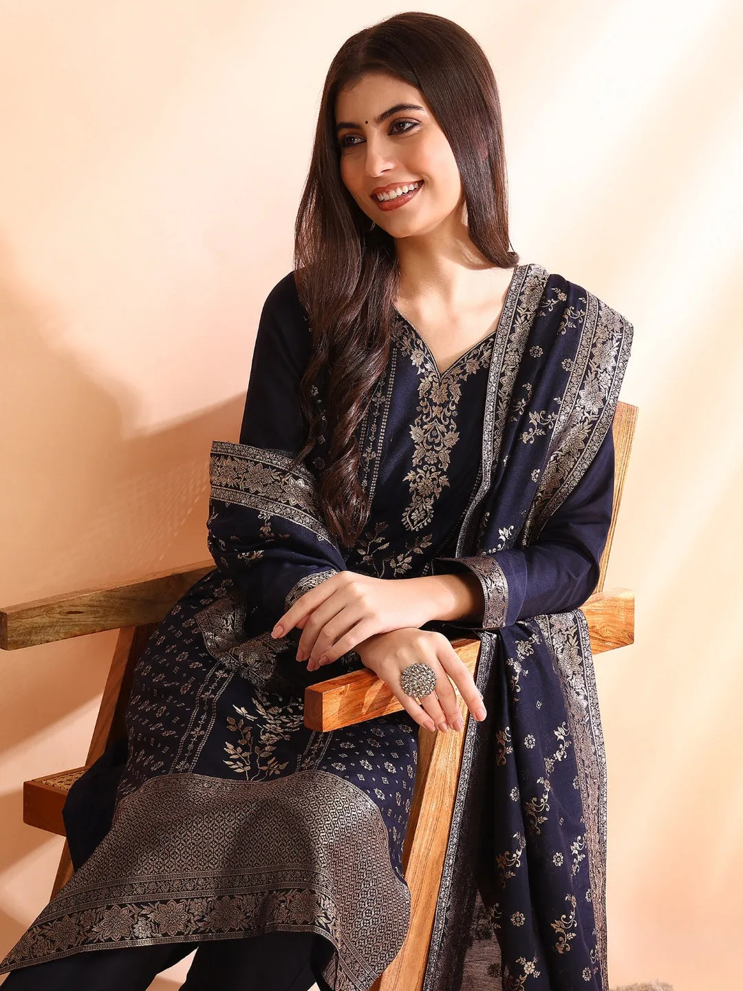 Women Navy Blue Chanderi Cotton Solid Woven Design Straight Kurta Trouser With Dupatta