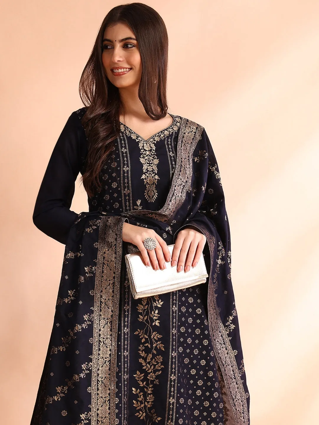 Women Navy Blue Chanderi Cotton Solid Woven Design Straight Kurta Trouser With Dupatta